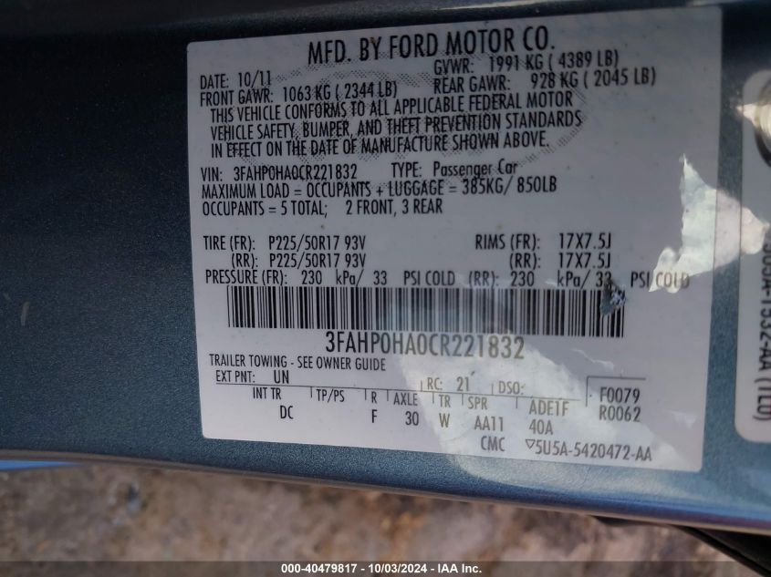 2012 FORD FUSION SE