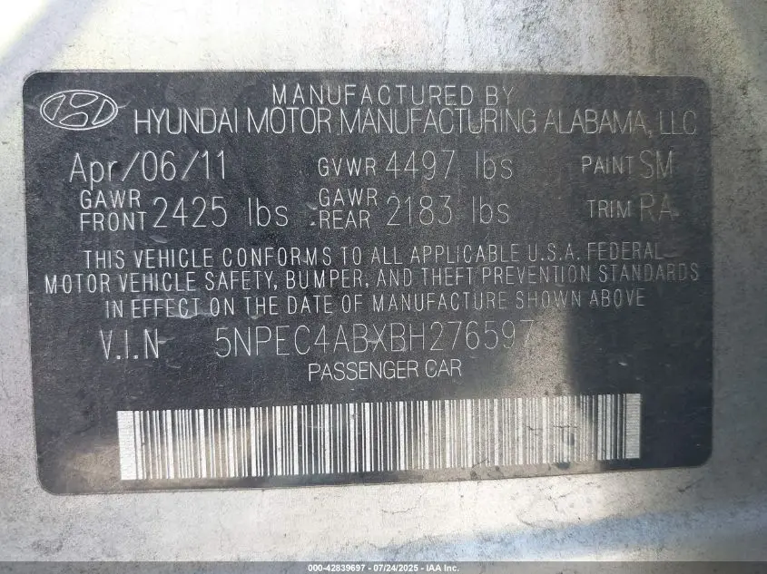 2011 HYUNDAI SONATA SE 2.0T