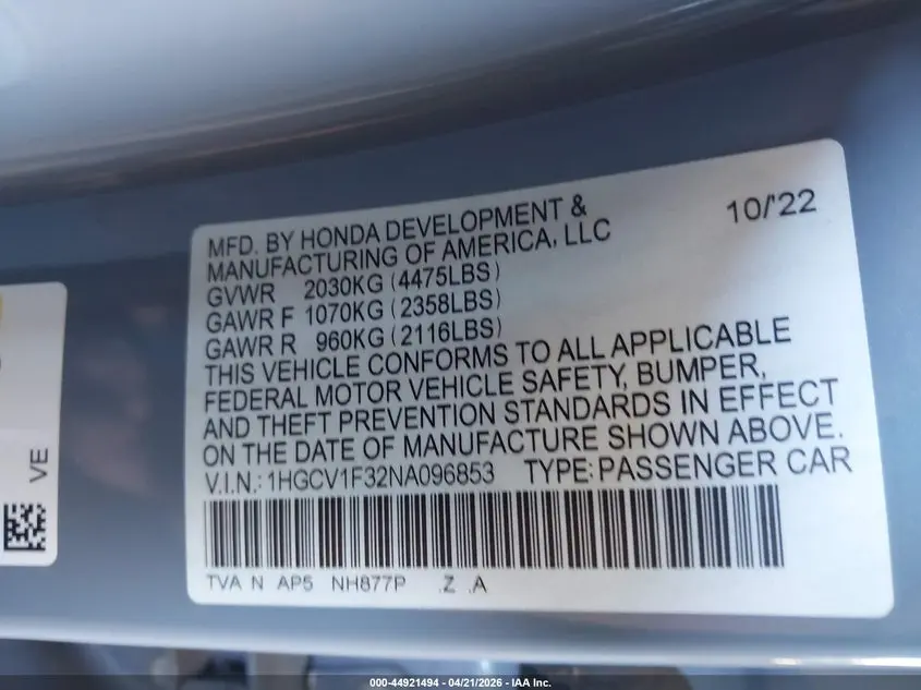 2022 HONDA ACCORD SPORT