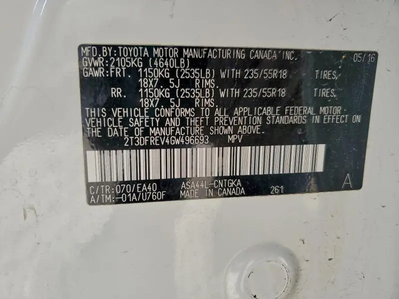 2016 TOYOTA RAV4 LIMITED  