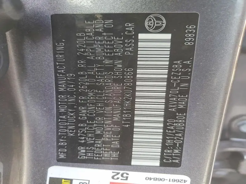 2019 TOYOTA CAMRY SE  
