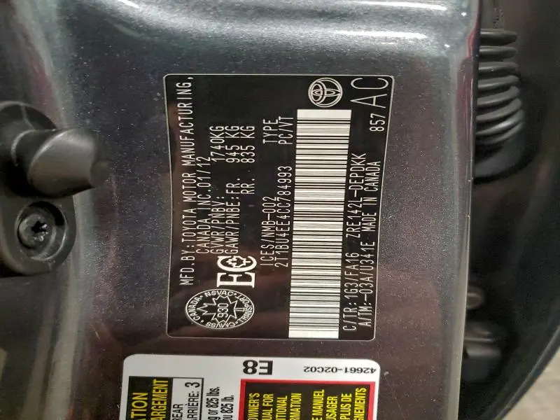 2012 TOYOTA COROLLA L  