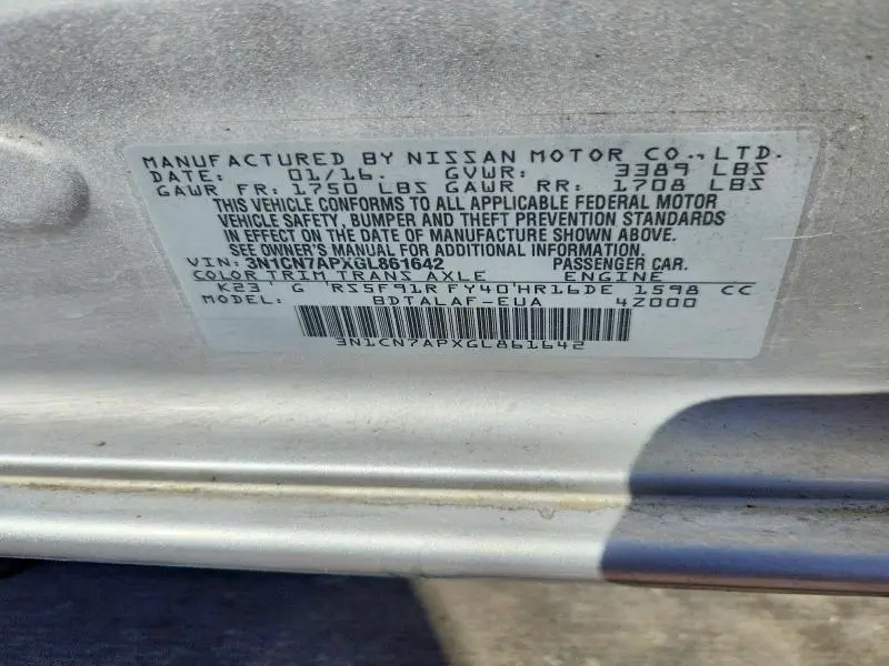 2016 NISSAN VERSA S  