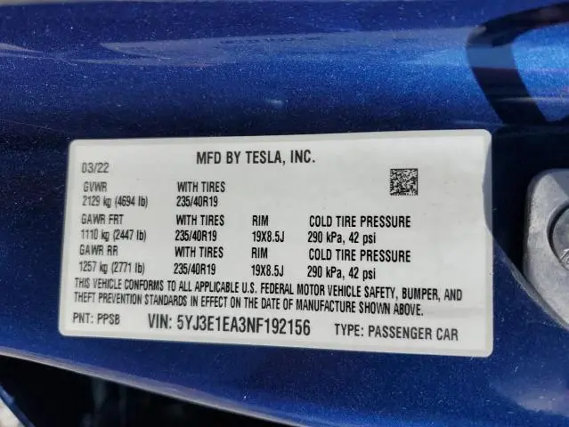 2022 TESLA MODEL 3   