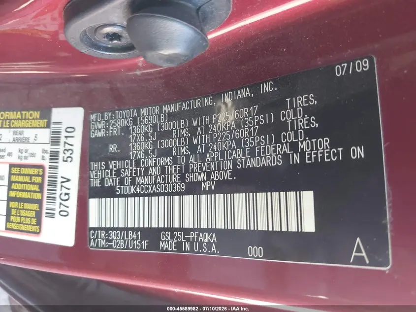 2010 TOYOTA SIENNA LIMITED
