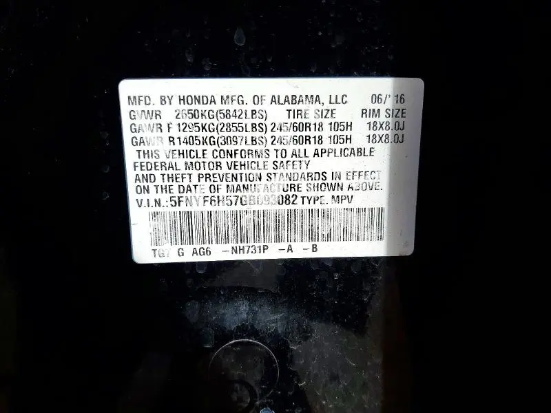 2016 HONDA PILOT EXL  