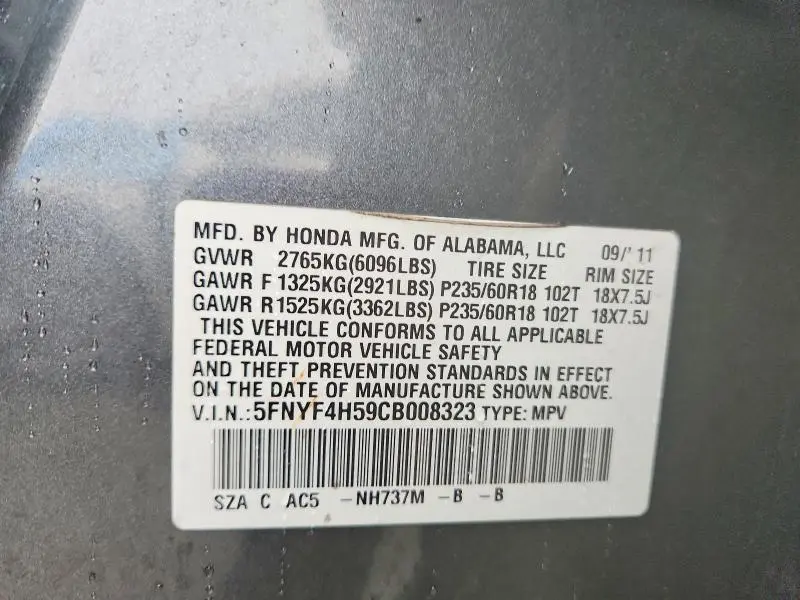 2012 HONDA PILOT EXL  