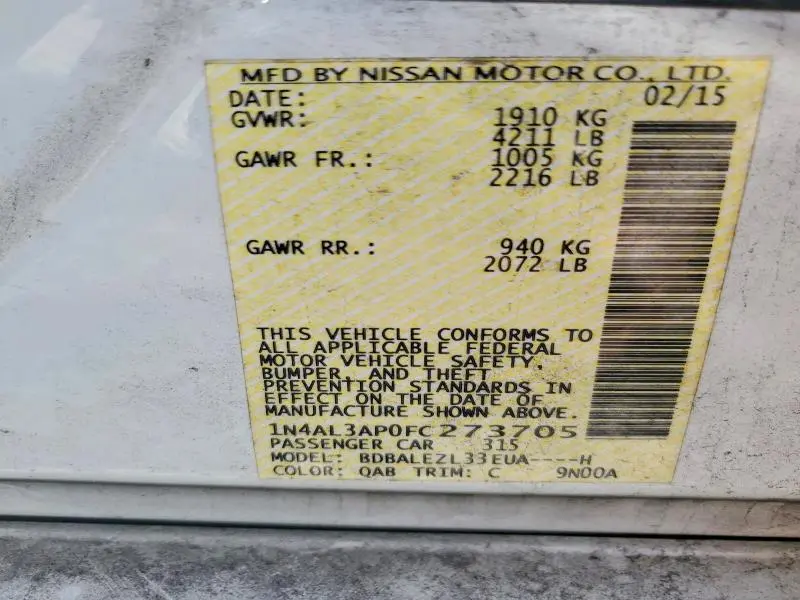 2015 NISSAN ALTIMA 2.5 S  