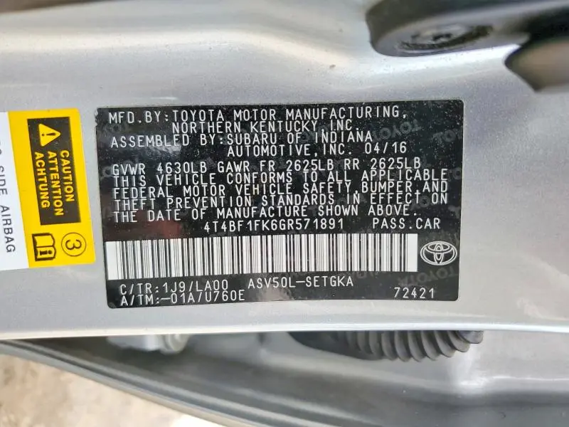2016 TOYOTA CAMRY XLE  