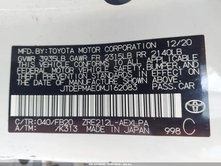 2021 TOYOTA COROLLA LE