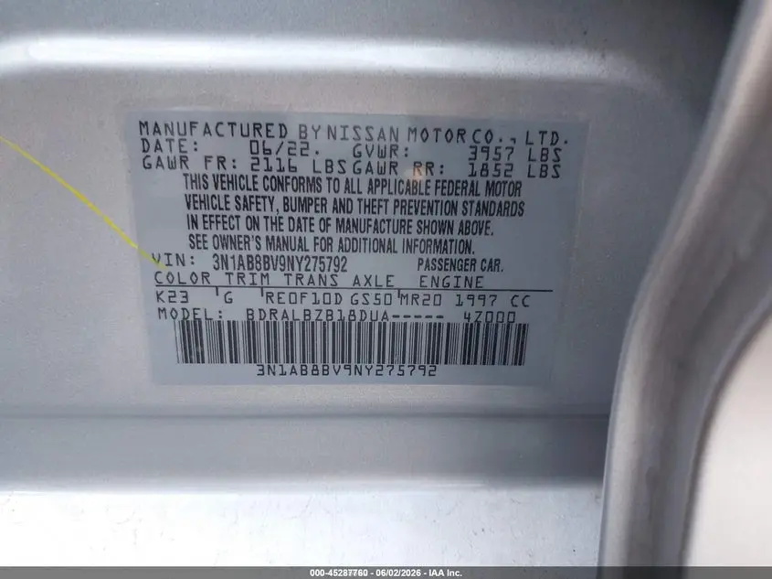2022 NISSAN SENTRA S XTRONIC CVT