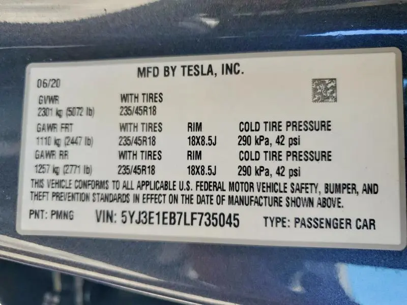 2020 TESLA MODEL 3   
