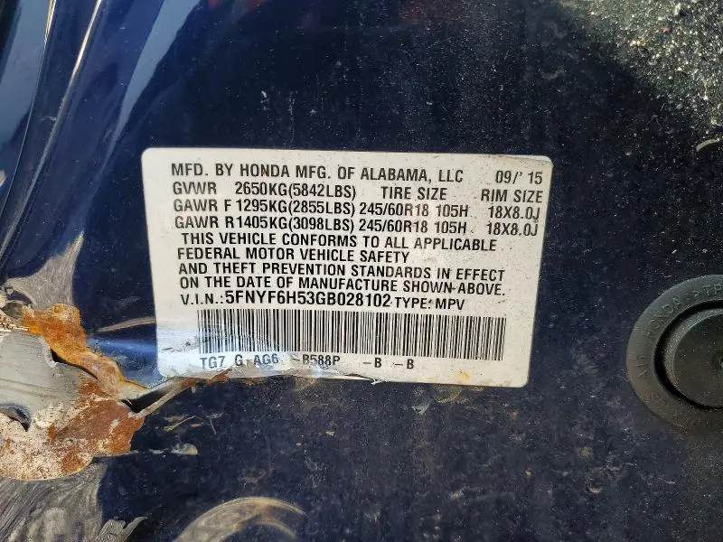 2016 HONDA PILOT EXL  