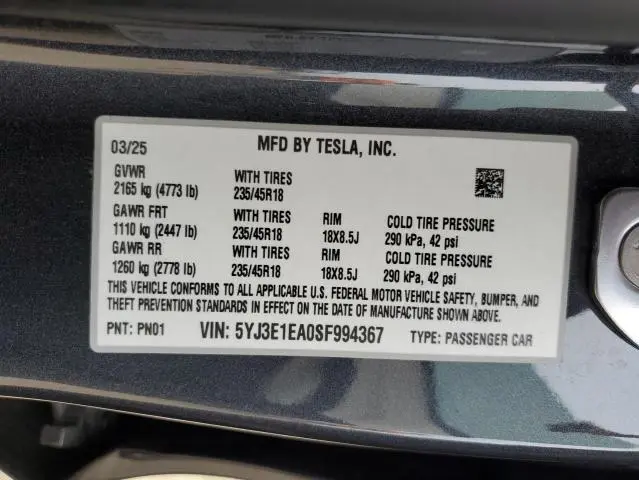 2025 TESLA MODEL 3   