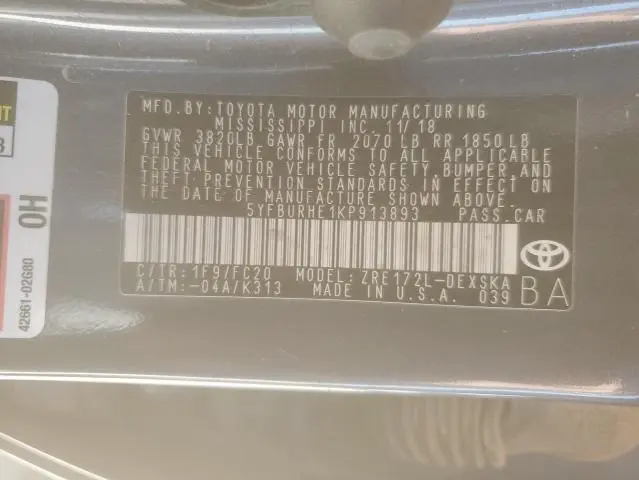 2019 TOYOTA COROLLA L  