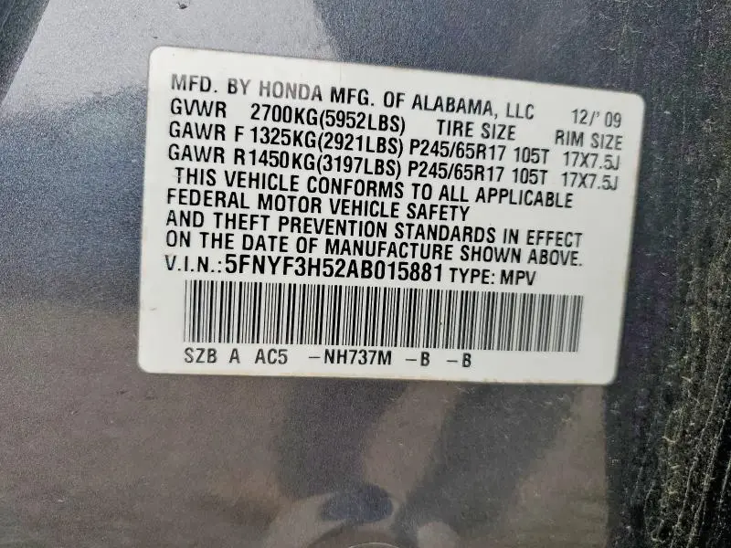 2010 HONDA PILOT EXL  