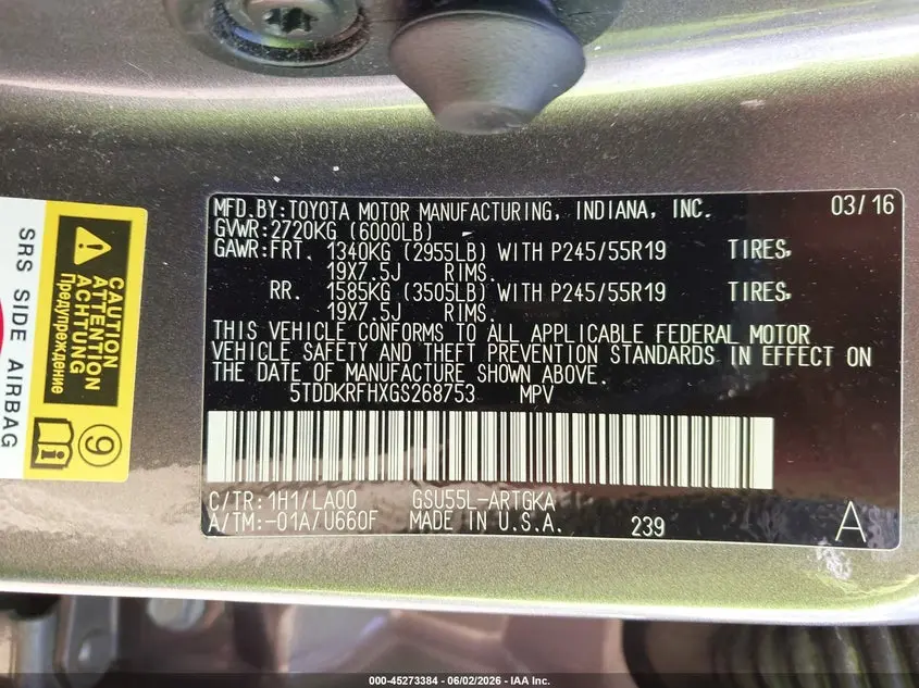 2016 TOYOTA HIGHLANDER LIMITED V6