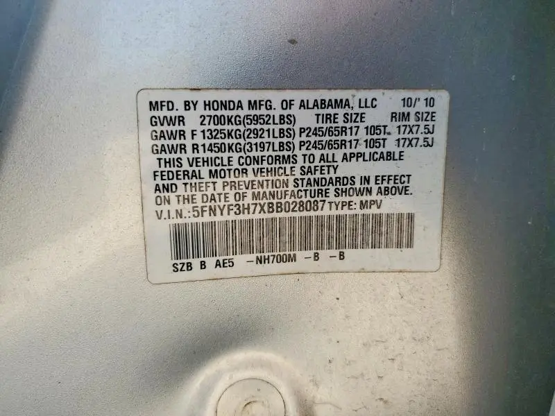 2011 HONDA PILOT EXLN  