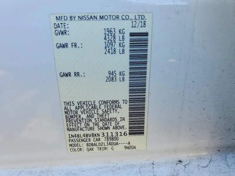 2019 NISSAN ALTIMA 2.5 S  