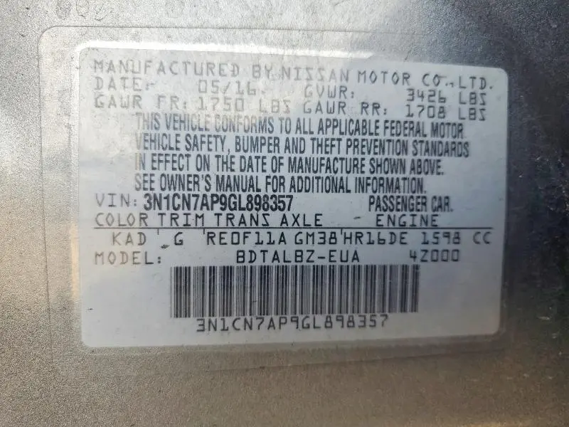 2016 NISSAN VERSA 1.6 SV  