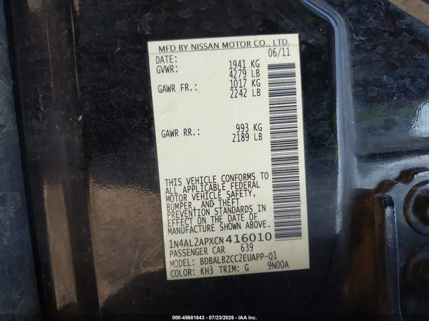 2012 NISSAN ALTIMA 2.5 S