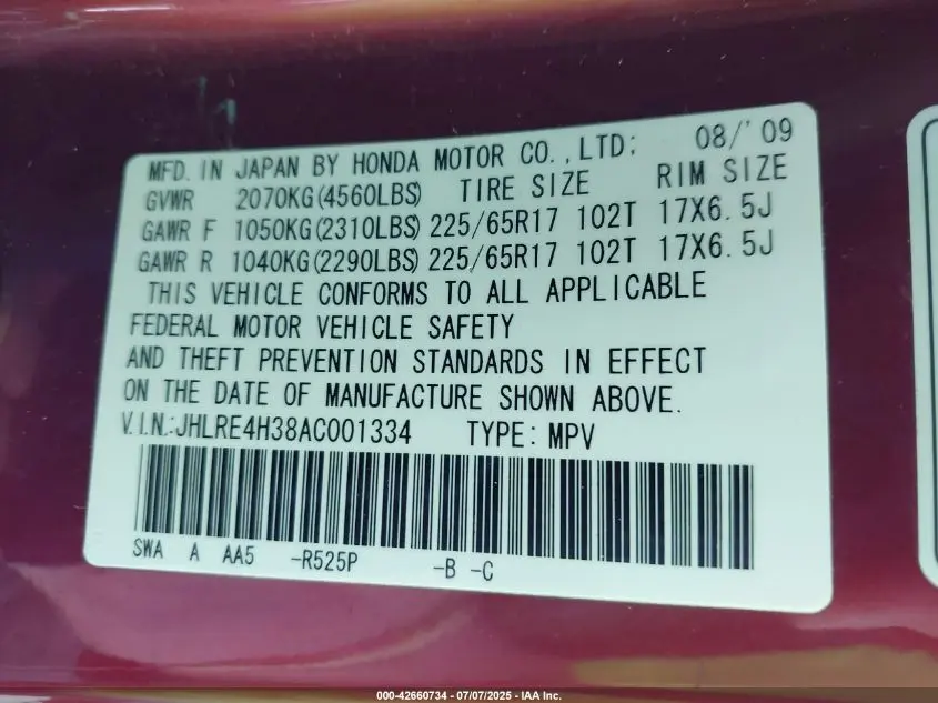 2010 HONDA CR-V LX