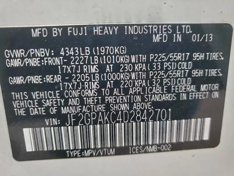 2013 SUBARU XV CROSSTREK 2.0 LIMITED  