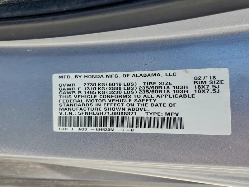 2018 HONDA ODYSSEY EXL  