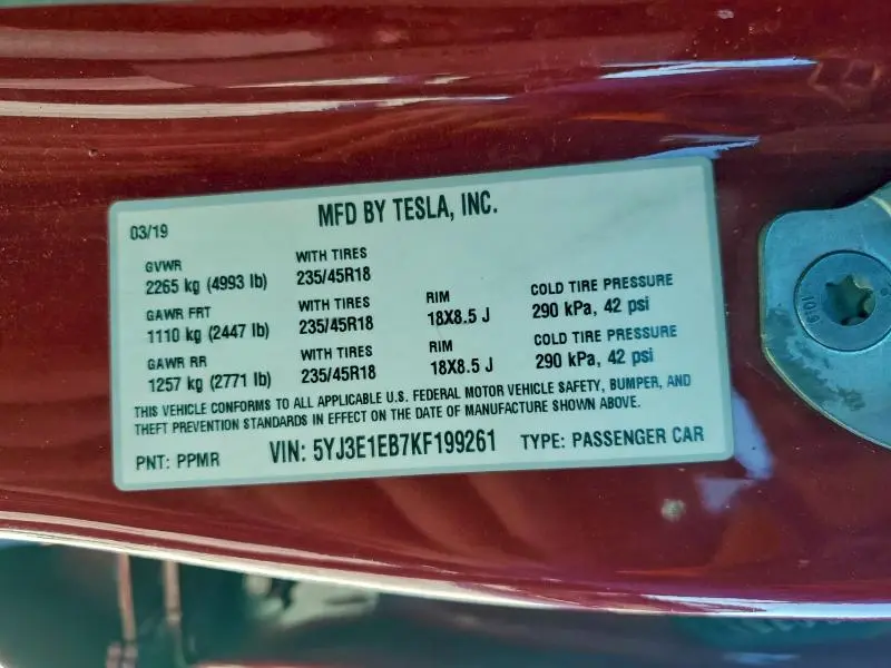 2019 TESLA MODEL 3   