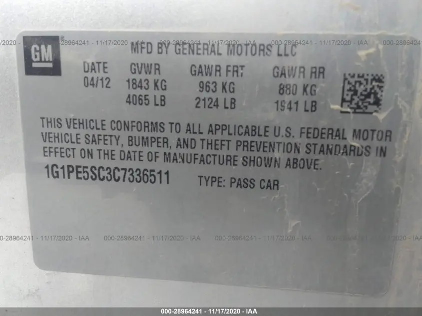 2012 CHEVROLET CRUZE LT W/1FL