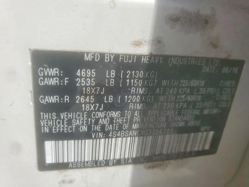 2016 SUBARU OUTBACK 2.5I LIMITED  