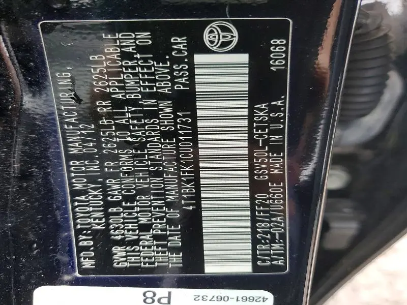 2012 TOYOTA CAMRY SE V6  