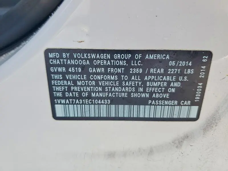 2014 VOLKSWAGEN PASSAT S  