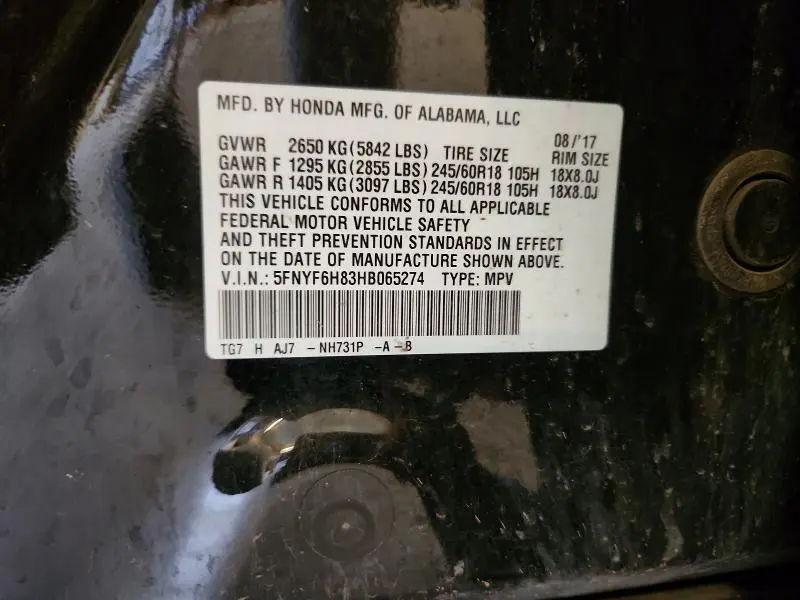 2017 HONDA PILOT EXL  