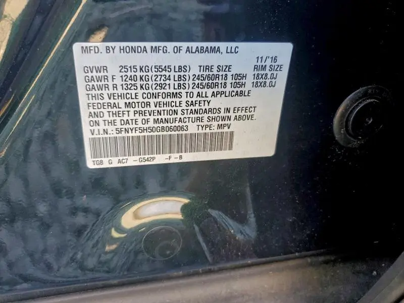 2016 HONDA PILOT EXL  