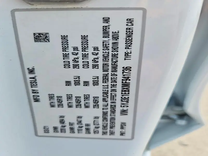 2021 TESLA MODEL 3   