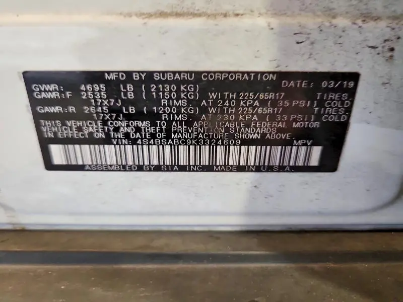 2019 SUBARU OUTBACK 2.5I  
