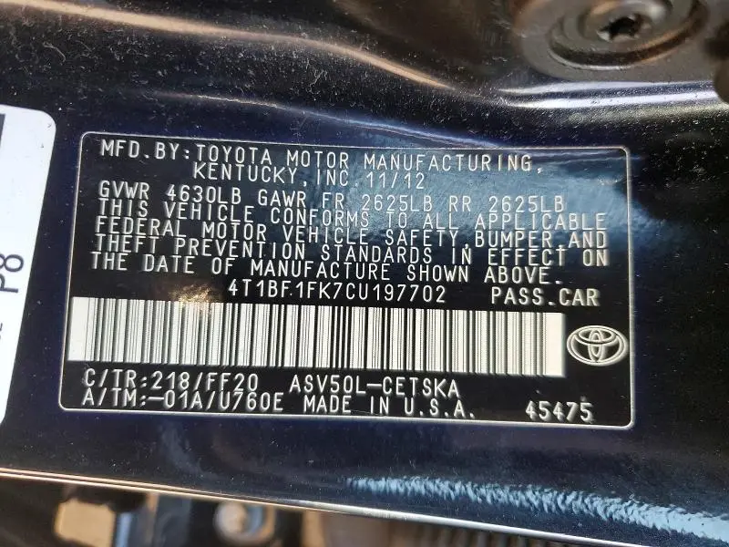 2012 TOYOTA CAMRY BASE  