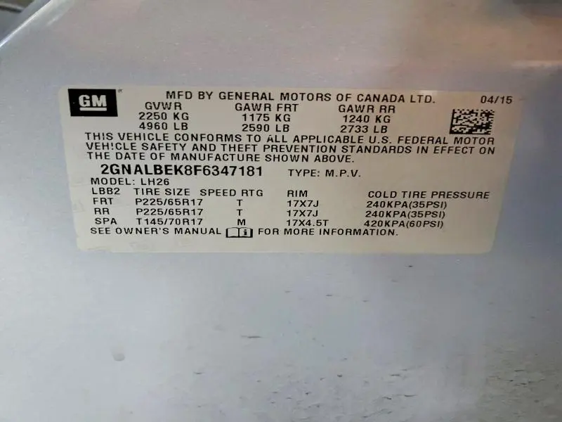 2015 CHEVROLET EQUINOX LT  