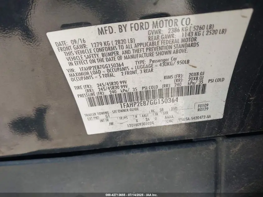 2016 FORD TAURUS SEL