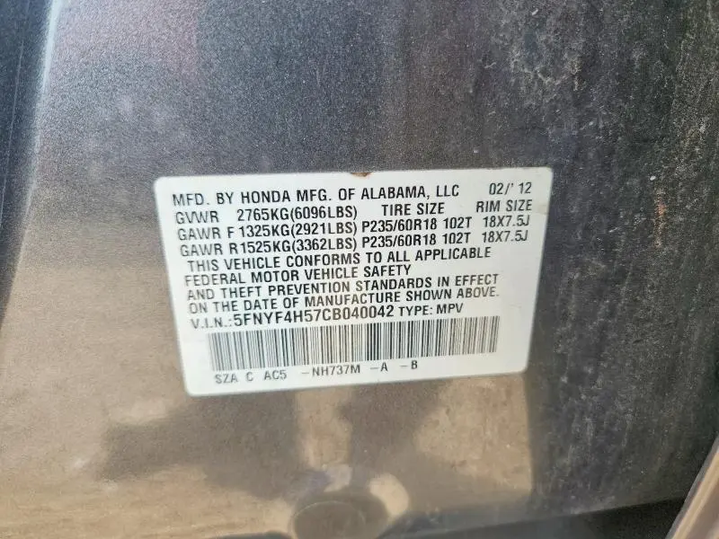 2012 HONDA PILOT EXL  
