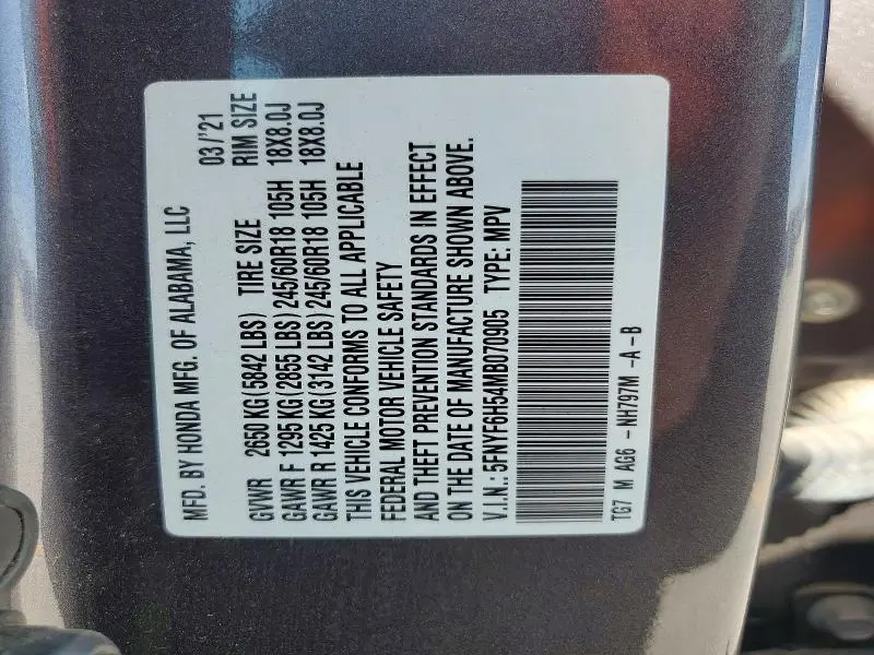 2021 HONDA PILOT EXL  