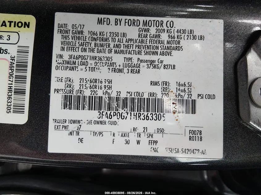 2017 FORD FUSION S