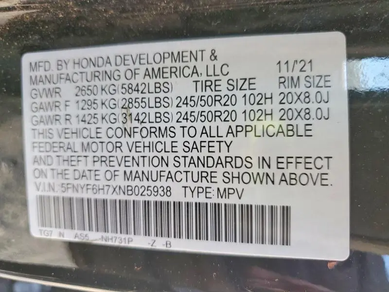 2022 HONDA PILOT BLACK  