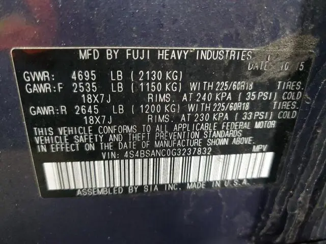 2016 SUBARU OUTBACK 2.5I LIMITED  