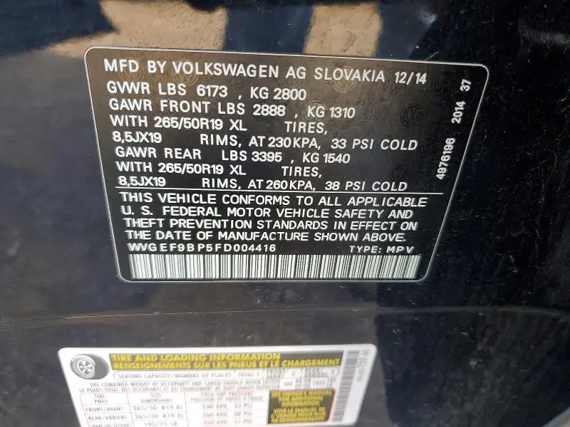 2015 VOLKSWAGEN TOUAREG V6  