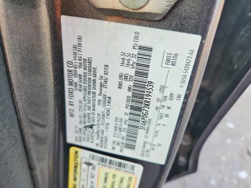 2019 FORD FUSION S  