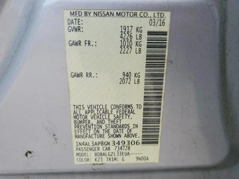 2016 NISSAN ALTIMA 2.5 S  