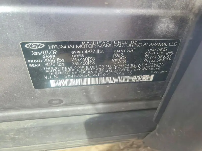 2019 HYUNDAI SANTA FE ULTIMATE 2.4L  