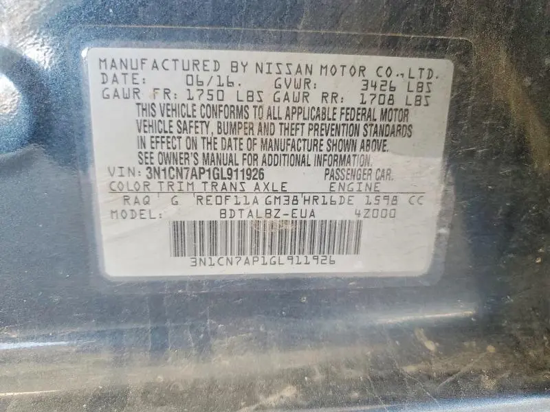 2016 NISSAN VERSA 1.6 SV  